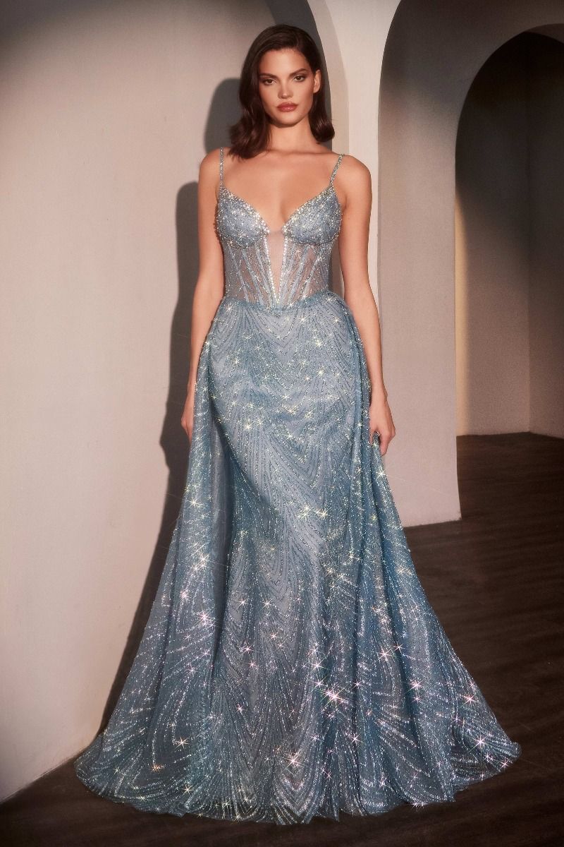 Fitted Plunging V-Neck Glitter Printed Prom Dress With Overskirt C167